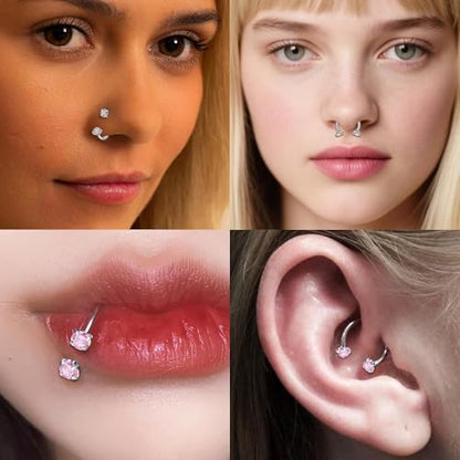18G 20G Horseshoe Nose Rings Studs,Surgical Steel Nose Ring Pink Cubic Zirconia Nose Piercing,Internally Threaded Nose Rings For Women,Pink and Silver Zirconia - color: 20G-Silver-Pink Round CZ