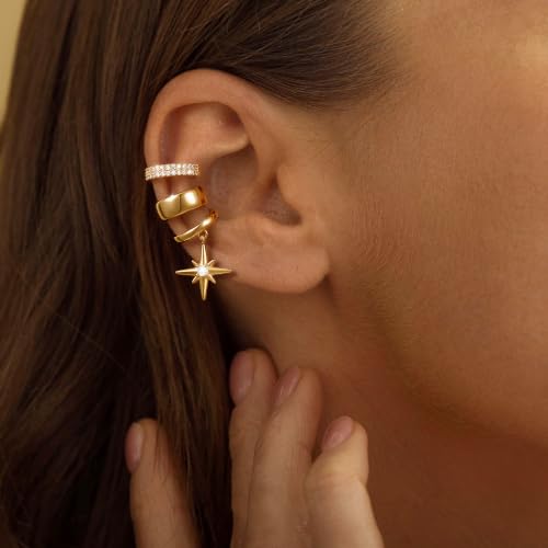 14K Gold Plated Layered Chunky Ear Cuff for Women Thick Ear Clips | Ear Cuff Earrings for Women,Hammered Texture design，Lightweight Hypoallergenic Ear Clips，trendy Jewelry for Daily Party Prom - color: gold 5