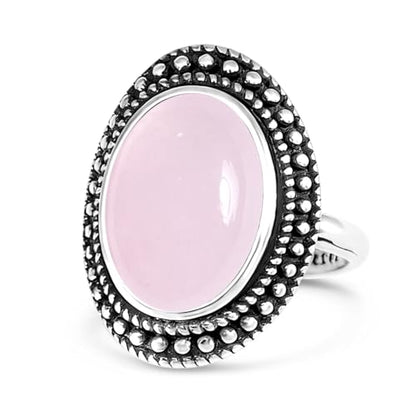 Retro Sterling Silver Stone Ring,Antique Natural Real Oval Crystal Quartz Gemstone Boho Bohemian Ring Jewelry for Women - color: A19_Pink Agate
