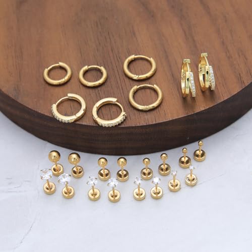 Stainless Steel Stud Earrings Set for Women Hypoallergenic Flat Back Cartilage Earrings Screw Back Huggie Hoop Earrings Multiple Piercing Cubic Zirconia Helix Tragus Jewelry - color: Set-C-14K Gold Plated
