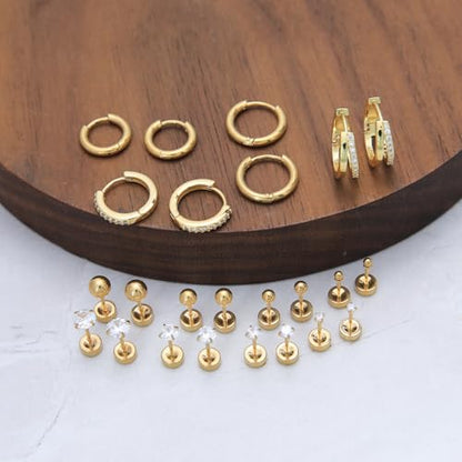 Stainless Steel Stud Earrings Set for Women Hypoallergenic Flat Back Cartilage Earrings Screw Back Huggie Hoop Earrings Multiple Piercing Cubic Zirconia Helix Tragus Jewelry - color: Set-C-14K Gold Plated