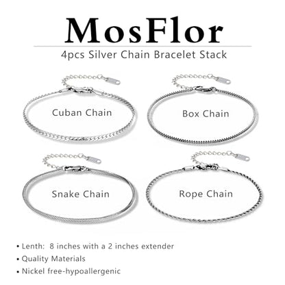 Mens Bracelet - Dainty Gold/Silver Chain Bracelet Stack 14K Gold Plated Silver Bracelets for Men Stainless Steel Adjustable Cross Charm Cuban Link Bracelet Snake Jewelry Set to Men Dad Birthday Day - color: Silver 4pcs, size: 8+2 Inch