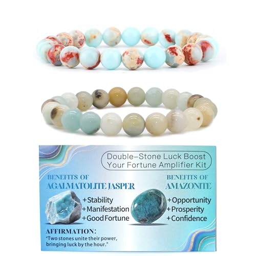 4mm 6mm 8mm Healing Crystal Bracelets for Women Men Natural Stone Beaded Stretch Bracelet Handmade Gemstone Reiki Spiritual Jewelry Gifts - color: Amazonite+Agalmatolite Jasper-Lucky, size: 8mm