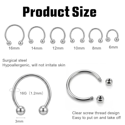 Yolev 12pcs Septum Piercing Jewelry 16g Septum Ring Silver Small Horseshoe Nose Ring Surgical Steel Cartilage Earring Hoop Eyebrow Helix Tragus 6-16mm