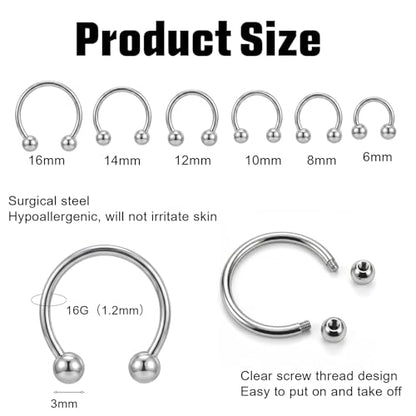 Yolev 12pcs Septum Piercing Jewelry 16g Septum Ring Silver Small Horseshoe Nose Ring Surgical Steel Cartilage Earring Hoop Eyebrow Helix Tragus 6-16mm