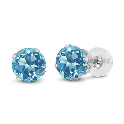 Gem Stone King 14K Gold Gemstone Birthstone Stud Earrings For Women Men | 4MM Round Cut | Solitaire Gold Studs with Secure Backs | Fine Jewelry for Her Him Mom Dad Wife - color: Swiss Blue Topaz-November