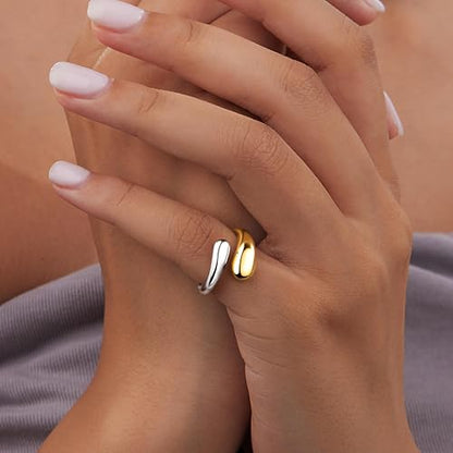 Non Tarnish Gold Chunky Rings for Women, 14K Gold Plated Statement Dome Rings Stacking Silver, Adjustable Mens Eternity Wedding Band Mixed Metal Jewelry Size 3-13 - color: Silver & Gold, size: 3, style: Open Twist Band