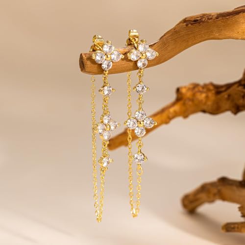 Dangle Earrings for Women - 14K Gold/White Gold/Rose Gold Plated Butterfly Heart Star Hoop Chain Long Tassel Cubic Zirconia CZ Dangle Earrings - color: Clover dangle