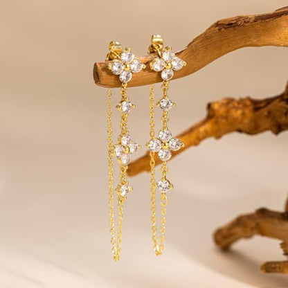 Dangle Earrings for Women - 14K Gold/White Gold/Rose Gold Plated Butterfly Heart Star Hoop Chain Long Tassel Cubic Zirconia CZ Dangle Earrings - color: Clover dangle