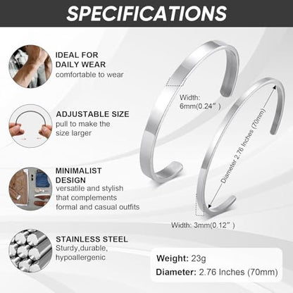 Stainless Steel Mens Cuff Bracelet : Minimal Cool Silver/Black/Gold Plated Open Metal Cuff Bangle Bracelets for Men,Mens Bracelet Jewelry Gift - color: Silver-2-Pack, size: Large( fit 7" to 8.5" wrist)