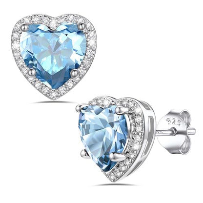 Bestyle Authentic 925 Sterling Silver 2 Carat Birthstone Earrings for Women, More Sparkle Heart/Round Solitaire Diamond Studs Earrings, Great Birthday/Christmas/Anniversary Jewelry for Wife Mother - color: 03. Mar. Aquamarine-Heart