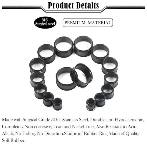 12G-25mm Single Flare Gauges Tunnels Plugs Stretching Set Kit 316L Surgical Steel Gauges Tunnle Plug for Ears 12G 10G 8G 6G 4G 2G 0G 00G 12mm 14mm 16mm 18mm 20mm 22mm 25mm - color: Black Tone, size: 00G(10.0mm)-25mm