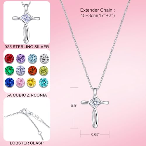 Cross Necklace for Women 925 Sterling Silver Birthstone Necklace for Women | Silver Necklaces with Diamond Sideways Birthstone Jewelry Gifts for Women 45+3cm Adjustable Chain - color: 04-April-Diamond