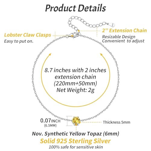 ChicSilver 925 Sterling Silver Anklets for Women, Simple Dainty Round/Heart Birthstone Ankle Bracelet Beach Foot Jewelry, 8.7-10.7 Inch Adjustable - color: 11. Round - November(Yellow Topaz)