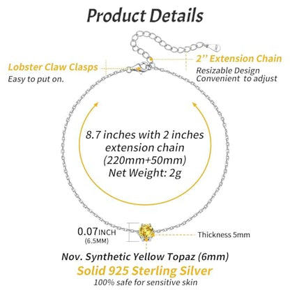 ChicSilver 925 Sterling Silver Anklets for Women, Simple Dainty Round/Heart Birthstone Ankle Bracelet Beach Foot Jewelry, 8.7-10.7 Inch Adjustable - color: 11. Round - November(Yellow Topaz)