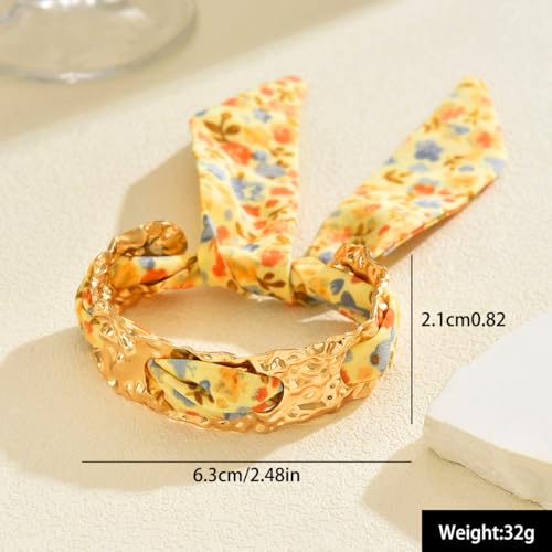 Hammered Gold Metal Silk Scarf Bangle Women,Chunky Fabric Wrapped Open Cuff Bracelet,Boho Ethnic Style Geometric Jewelry, Elegant Statement Wrist - color: Yellow