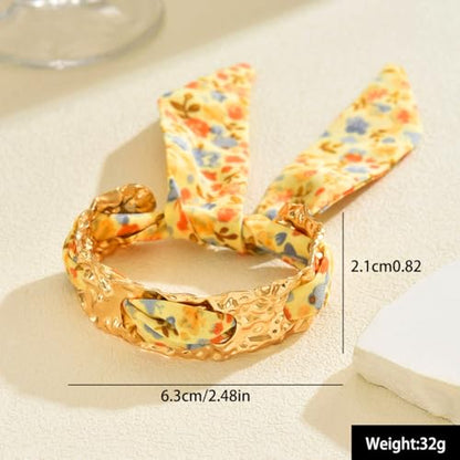 Hammered Gold Metal Silk Scarf Bangle Women,Chunky Fabric Wrapped Open Cuff Bracelet,Boho Ethnic Style Geometric Jewelry, Elegant Statement Wrist - color: Yellow