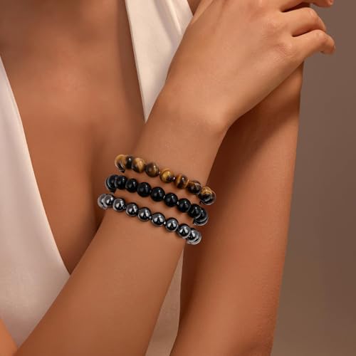 4mm 6mm 8mm Healing Crystal Bracelets for Women Men Natural Stone Beaded Stretch Bracelet Handmade Gemstone Reiki Spiritual Jewelry Gifts - color: Tiger Eye+Black Obsidian+Hematite-Protection, size: 8mm