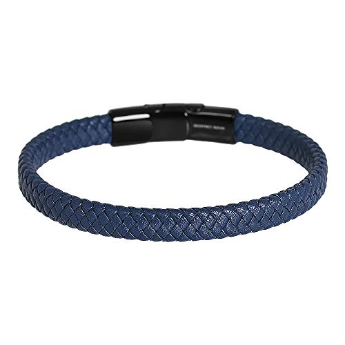 Geoffrey Beene Men's Braided Genuine Leather Bracelet with Stainless Steel Closure - color: Blue, Black