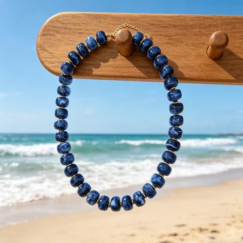 Chunky Colorful Beaded Necklace for Women Boho Summer Statement Resin Choker Necklaces Beach Jewelry Accessories - color: Navy Blue