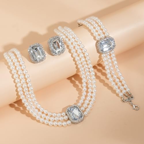 Wekicic Faux Pearl Necklace Earrings Set for Women Crystal Pearl Choker Necklace Bracelet Set 1920s Jewelry for Wedding Party - color: Silver