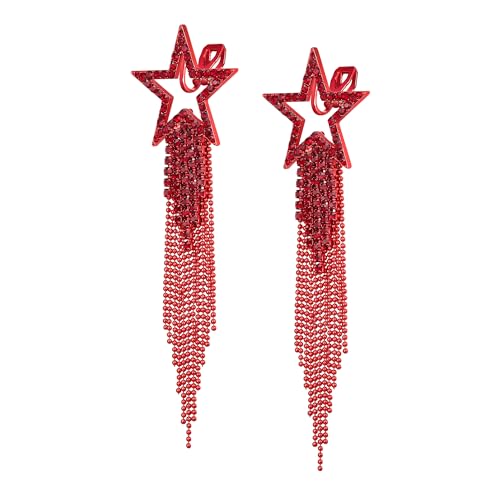 EVER FAITH Crystal Long Waterfall Star Tassel Clip-on Earrings for Women | Rhinestone Beaded Fringe Chandelier Dangle Statement Earring, Wedding Party Jewelry - color: Red Red-Tone