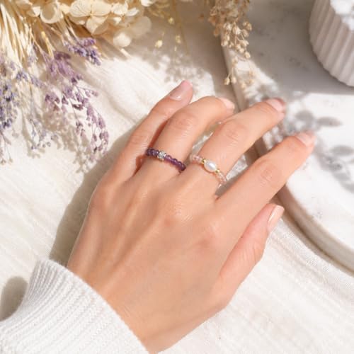 4Pcs Crystal and Amethyst Beaded Ring Set for Women, Handmade Stackable Stretch Rings with Pearl Accent, Dainty Gift Jewelry