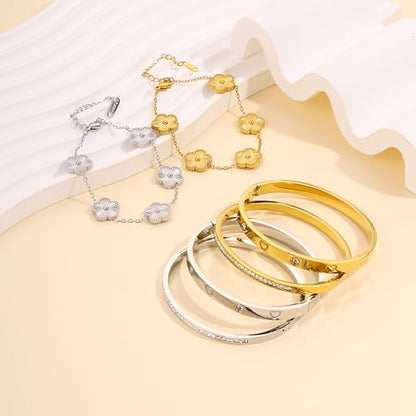 Gold Bangle Bracelets for Women -2PCS Friendship & Love Bangle Bracelet Clover Nail Bracelet Stack Set Trendy Non-Tarnish Stainless Steel Jewelry Gifts for Mom Wife Her - color: Silver 3pcs