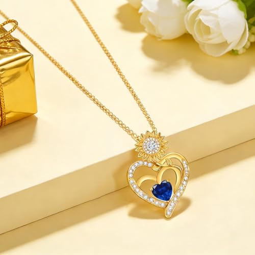 Midari Sunflower Necklace 18k Gold Plated Heart with Brithstone You Are My Sunshine Necklace Anniversary Birthday Sunflower Jewelry Gift for Women Wife Mom - color: 09-September