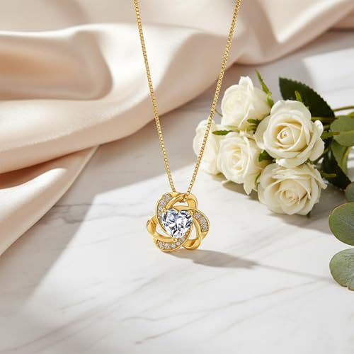 Midari 18K Gold Love Knot Necklace Love Knot Pendant Necklace with 12 Months Birthstones I Love You Forever Jewelry Gifts for Women Mom Her - color: 04-April