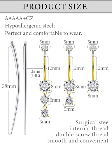 Internally Threaded Belly Button Rings Surgical Stee, Extra-Long & Short Simple Belly Rings, 14G Belly Piercing Jewelry,Navel Piercing Jewelry for Women Men 10mm 12mm 14mm 16mm - color: Gold internal thread Belly Button ring 12mm