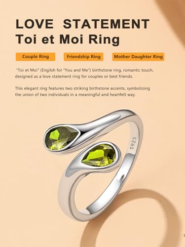 Bestyle Silver Birthstone Ring for Women, Dainty Sterling Silver Teardrop Ring Open Adjustable Band Ring, Love Statement TOI et Moi Ring Promise Ring for Her - color: 08.August ( Peridot)