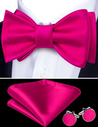 YOHOWA Bow Ties for Men Self-tied Silk Bowtie Solid Color with Lapel Pin and Handkerchief Cufflinks for Wedding Party Prom - color: Soild Hot Pink