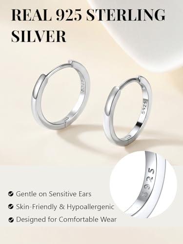 925 Sterling Silver Huggie Hoop Earrings, Small Silver Hoop Earrings for Women Hypoallergenic Huggie Lightweight Small Hoops Earring Cartilage Sleeper Earrings 6/8/10/12/14/16/18/20mm - color: Silver, size: 12MM