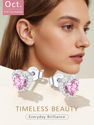 FindChic Birthstone Earrings for Women, Round/Heart/Square/Teardrop Earrings with 925 Sterling Silver Posts & Push Backs, Hypoallergenic Studs with Cubic Zirconia, 12 Months Jewelry with Gift Box - style: 10. October-Pink Tourmaline (Heart-Silver)