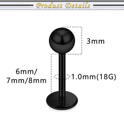 Internally Threaded Labret Studs 18G 16G 14G Surgical Steel Lip Piercing Jewelry with Claw Tool Monroe Snake Bite Jewelry Flat Back Barbell for Women Men Plus Piercing Ball Grabber Tool - color: black, size: 18g,ball+spike end