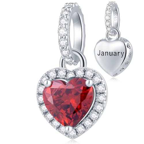 CHAWIN Birthstone Charms, 925 Sterling Silver Heart Dangle Charm, Sparkling CZ Compatible with Pandora Charm Bracelet, Necklace, Birthday Gifts for Women/Wife/Mother - style: 01# January