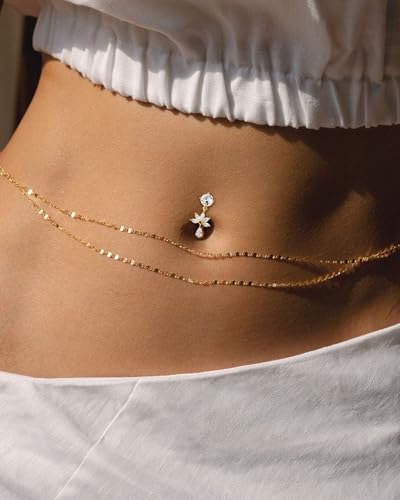 Flower Dangle Belly Button Ring, 14G Gold Reverse Belly Button Piercing for Women, Surgical Steel Silver Navel Piercing Jewelry Hypoallergenic - color: gold