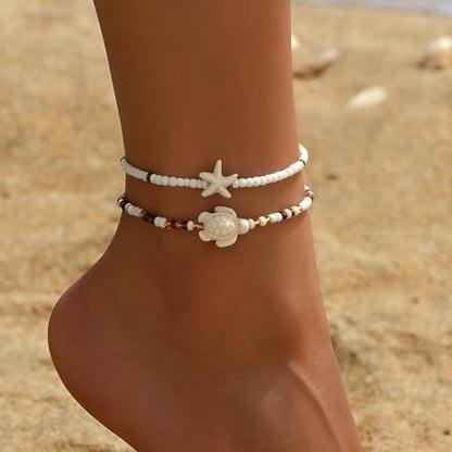 Qceasiy Shell Ankle Bracelets for Women, Boho Beaded Beach Anklet Set | Seashell, Heart, Starfish and Conch Styles, Gold-Tone, Stretch or Adjustable Fit, Layered Beach Vacation Jewelry Gifts - color: White 3