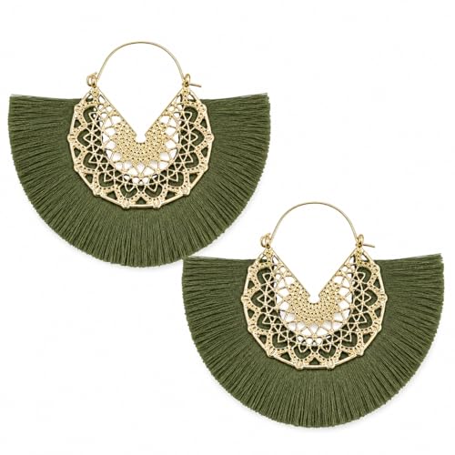 Tassel Hoop Earring Statement Thread Dangle Earrings Stylish Long Fringe Drop Earrings Lightweight Long Swingy French Hook Earrings for Women - color: A Army green