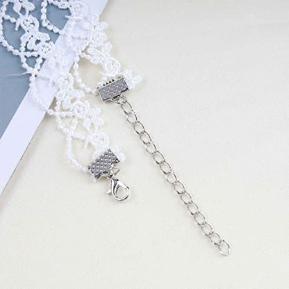 YienDoo Vintage Lace Choker Necklace White Gothic Lace Pattern Punk Tassel White Pearl Beaded Pendant Princess Bridal Lolita Statement Necklace Jewelry For Women