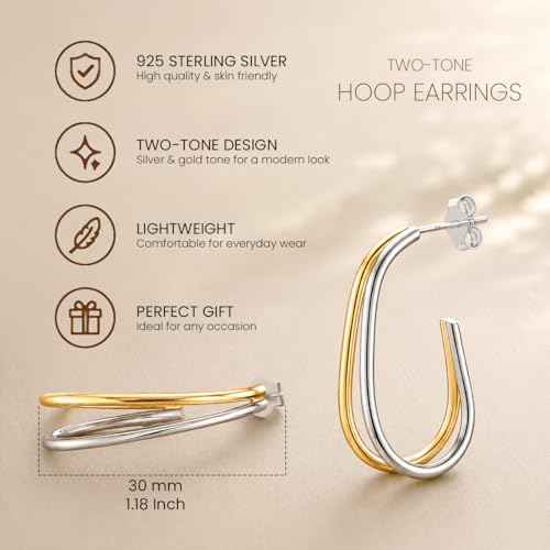 LeCalla Real 925 Sterling Silver C Hoop Earrings | Lightweight Small Hoops Italian Half Earring Hoops for Women - color: Two-Tone Oval Hoops-30mm