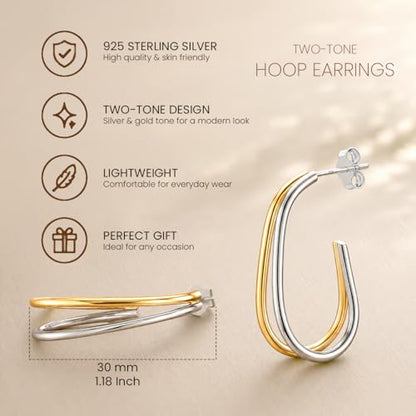 LeCalla Real 925 Sterling Silver C Hoop Earrings | Lightweight Small Hoops Italian Half Earring Hoops for Women - color: Two-Tone Oval Hoops-30mm