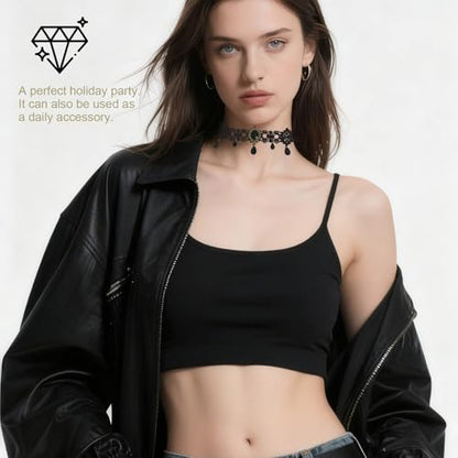 Gothic Choker Necklace, Black Lace Choker with Crystal Pendant for Women, Witch Style Adjustable Collar Gothic Halloween and Vampire Themed Vintage Thick Neck Jewelry Accessories