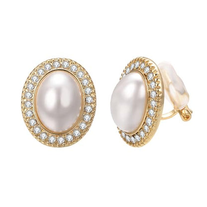 Yoursfs Faux Pearl Clip On Earrings For Women 18K Gold Plated Button Ear Clips - style: Oval Big White Pearl Clip on Earrings