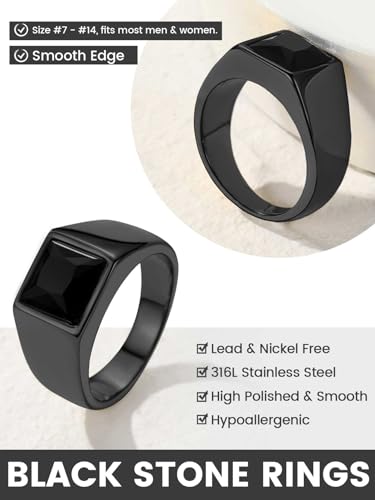 KeyStyle Square Gemstone Signet Rings for Men, Personalized Stainless Steel Pinky Ring with Black Onxy Blue Topaz Birthstone Statement Ring - color: Black -Black Onyx - 8mm
