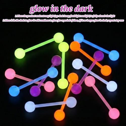 Acrylic Tongue Barbells Rings 24 PCS 15G Glow in Dark Flexible Straight Tongue Rings Colorful Plastic Ring Body Piercing Jewelry Bars for Women Men Work Sports 18mm