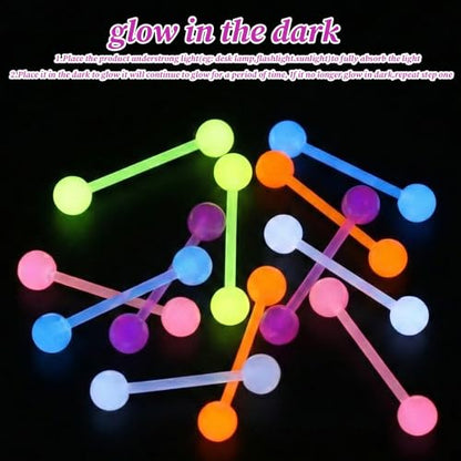 Acrylic Tongue Barbells Rings 24 PCS 15G Glow in Dark Flexible Straight Tongue Rings Colorful Plastic Ring Body Piercing Jewelry Bars for Women Men Work Sports 18mm