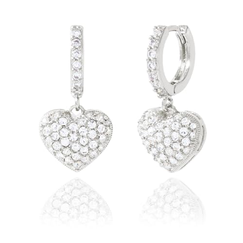 CZ Heart Dangle Earrings for Women 14K Gold Plated Pave Cubic Zirconia Heart Drop Huggie Hoop Earrings Minimalist Small Cute Crystal Love Jewelry Gifts Her Mom Daughter [HER-CZ] - color: Silver