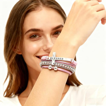 Leather Wrap Bracelets for Women, Boho Leopard Multi-Layer Crystal Beads Cuff Jewelry - color: J-Warp-051
